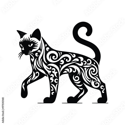 Siamese Cat in folk art black and white silhouette illustration