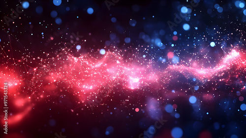A vibrant abstract illustration featuring colorful particles and light effects in a cosmic theme.