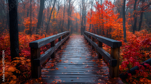 A wooden bridge leading into a misty forest with vibrant fall foliage. photo