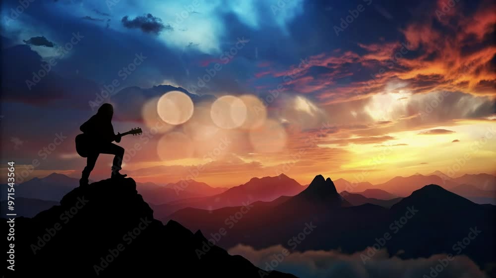 black silhouette of person playing guitar on hills and clouds at dusk black silhouette of person playing guitar on hills and clouds at dusk