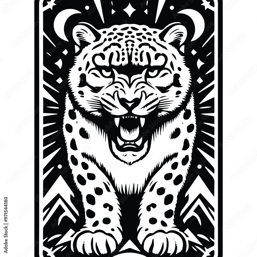 Fototapeta premium Snow leopard in Tarot card black and white silhouette illustration