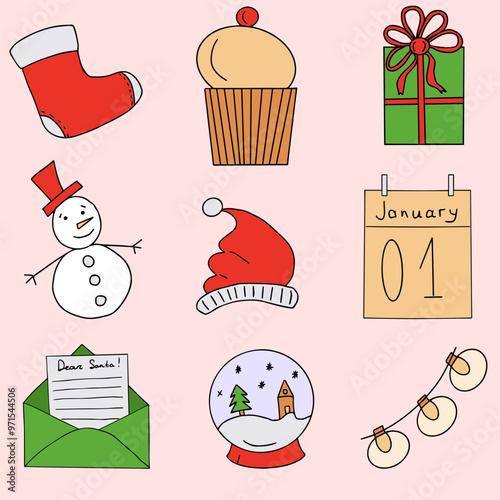 ИллюсNew Year's doNew Year's doodle stickers on a red backgroundodle stickers on a red background.трация без названия