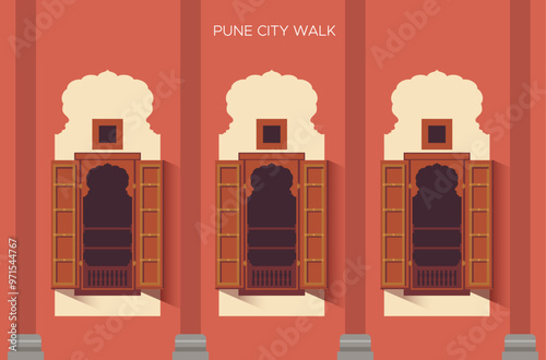 Traditional Wada Windows - Pune City Walk - Stock Illustration photo