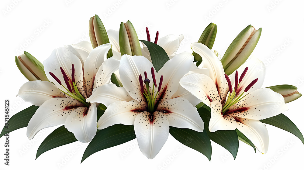 A vibrant arrangement of white lilies with green leaves, symbolizing beauty and purity. A vibrant arrangement of white lilies with green leaves, symbolizing beauty and purity.