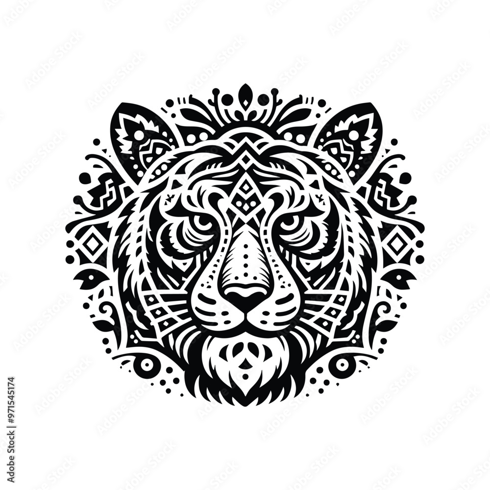 Obraz premium Tiger in folk art black and white silhouette illustration