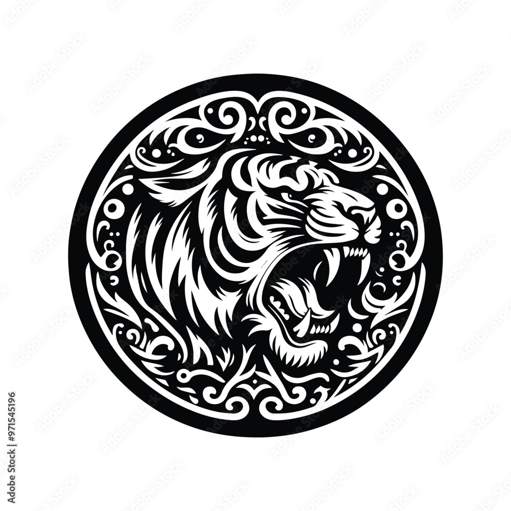 Tiger in folk art black and white silhouette illustration Tiger in folk art black and white silhouette illustration