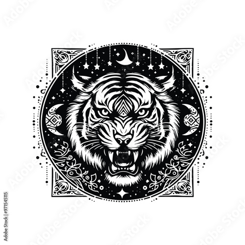 Tiger in bohemian black and white silhouette illustration