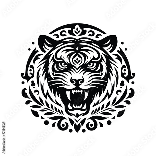 Tiger in folk art black and white silhouette illustration