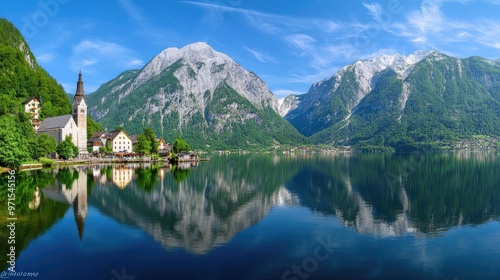 Enjoy the peaceful summer atmosphere in Hallstatt, Austria, where clear lake waters reflect a picturesque village and majestic mountains under a bright blue sky photo