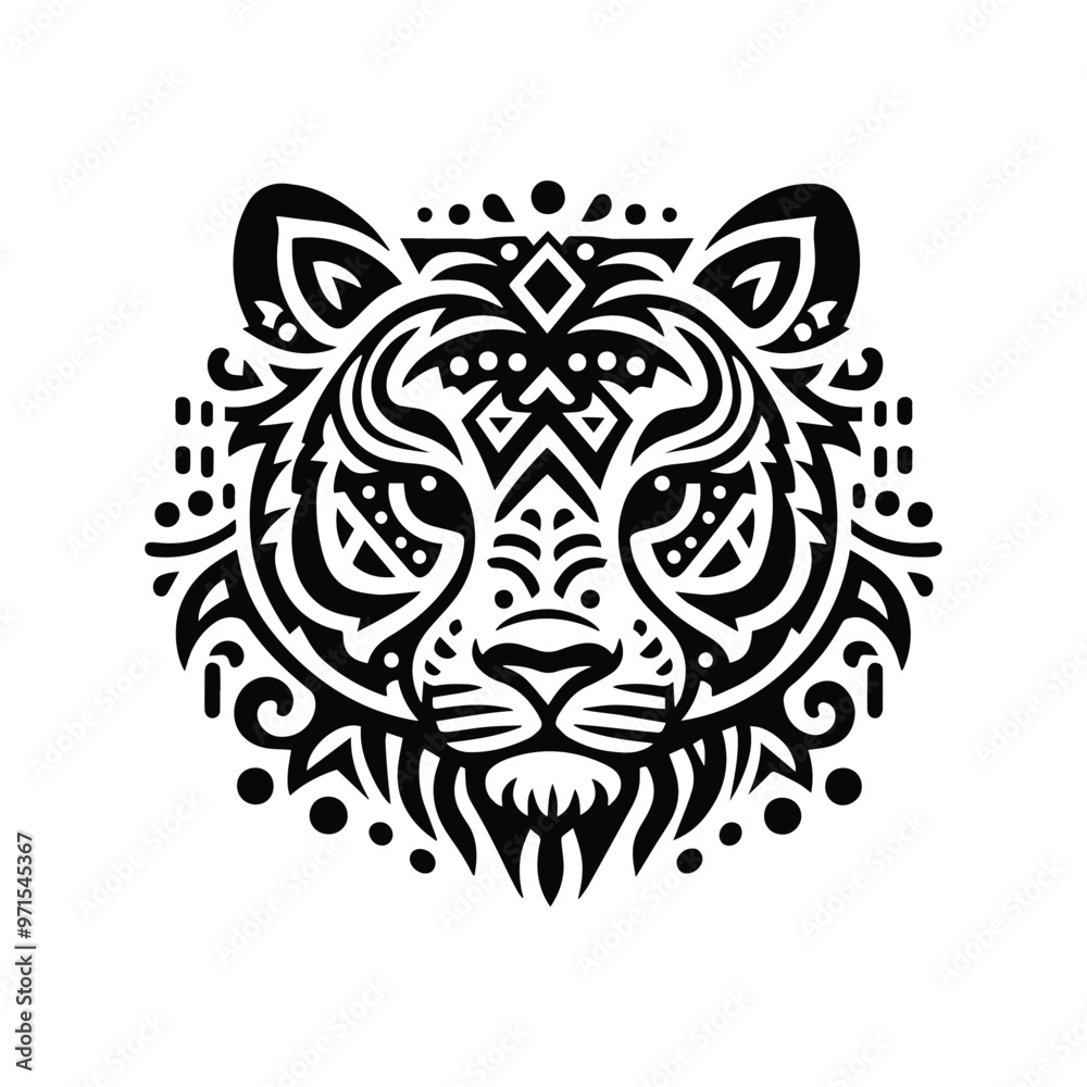 Fototapeta premium Tiger in folk art black and white silhouette illustration