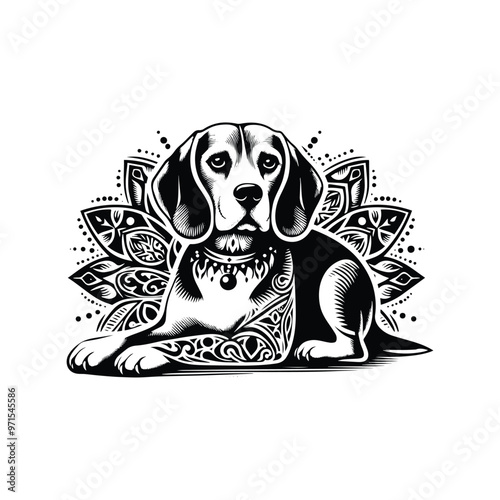 Beagle dog in bohemian black and white silhouette illustration