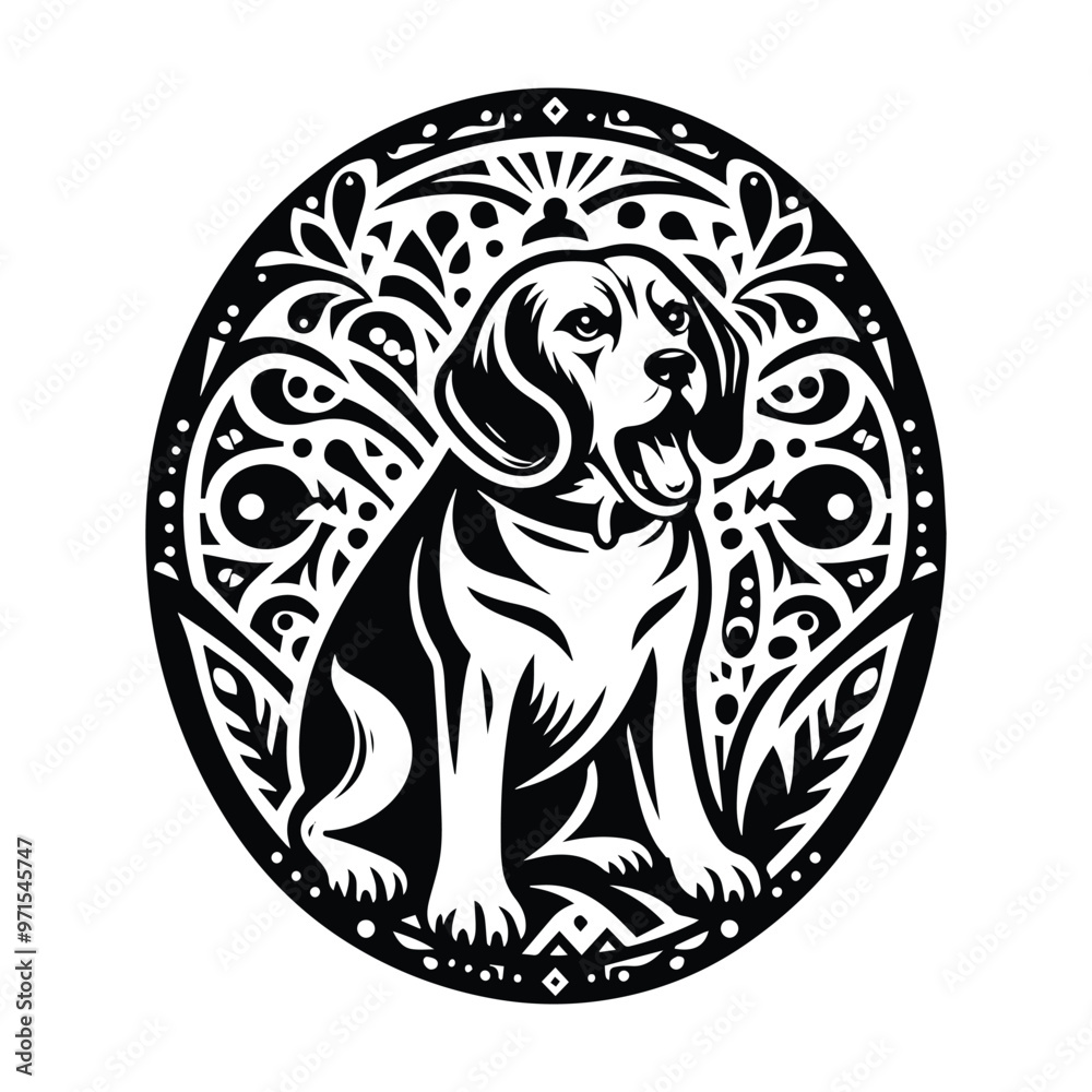 Beagle dog in folk art black and white silhouette illustration