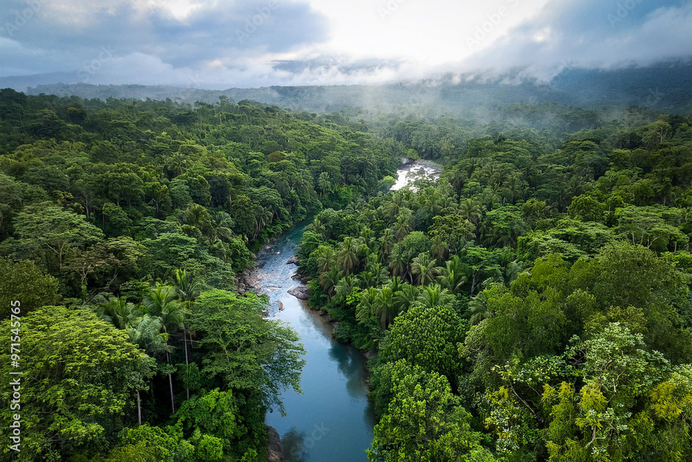 A breathtaking aerial drone shot of a vibrant jungle forest, with a river flowing through the lush canopy. This image showcases the serene and pristine beauty of nature from above, teeming with life. A breathtaking aerial drone shot of a vibrant jungle forest, with a river flowing through the lush canopy. This image showcases the serene and pristine beauty of nature from above, teeming with life.