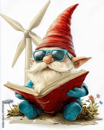 A whimsical gnome wearing sunglasses reads a book beside a wind turbine, blending nature and fantasy in a playful setting. photo