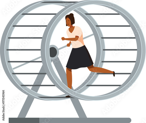 Businesswoman stuck in a rut, endlessly running in a hamster wheel, symbolizing repetitive and unfulfilling work