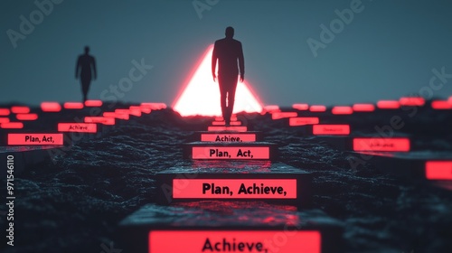 Action-Driven Steps: A series of floating steps or platforms rising toward a glowing, bright peak, with a figure confidently taking each step photo