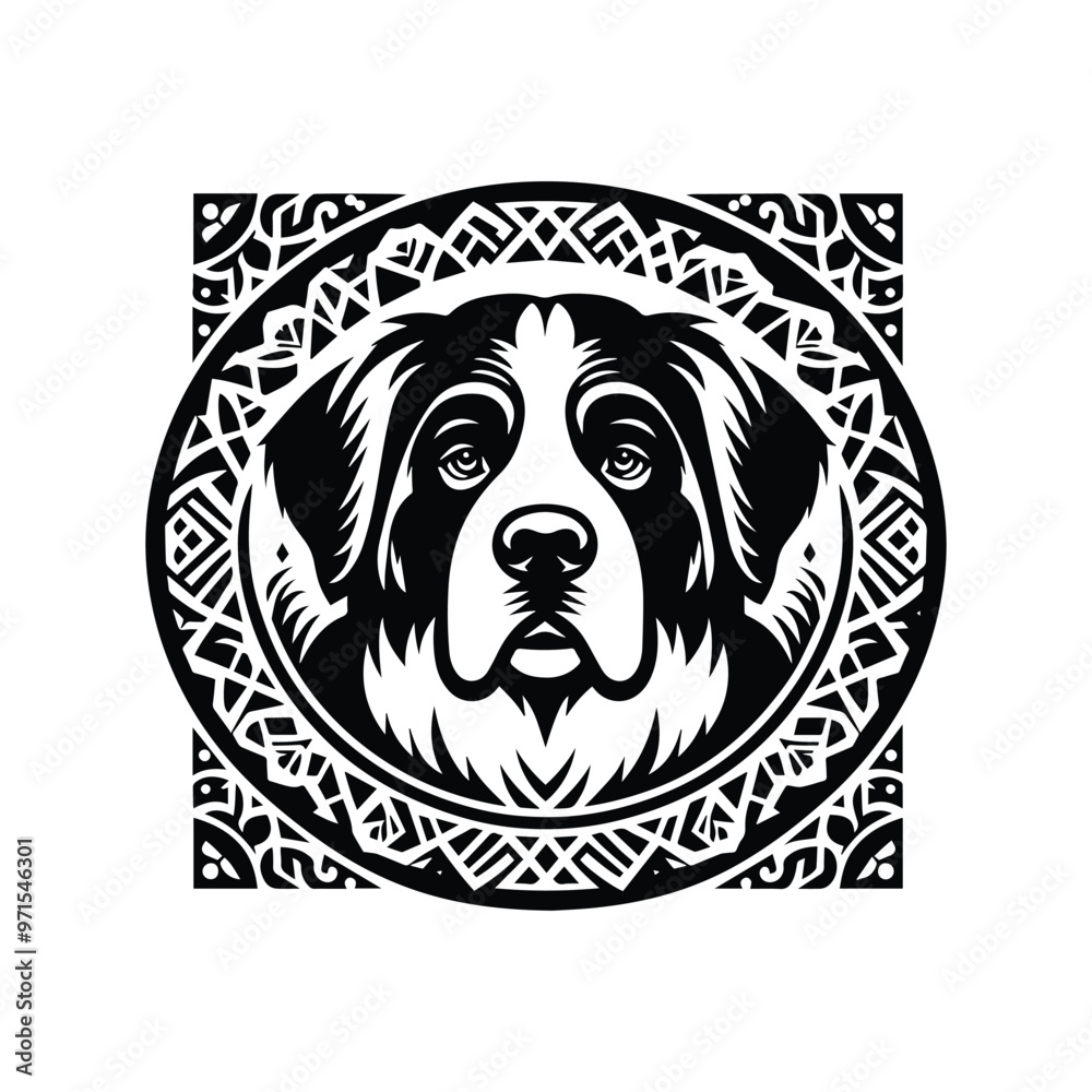 Fototapeta premium bernard dog in folk art black and white silhouette illustration