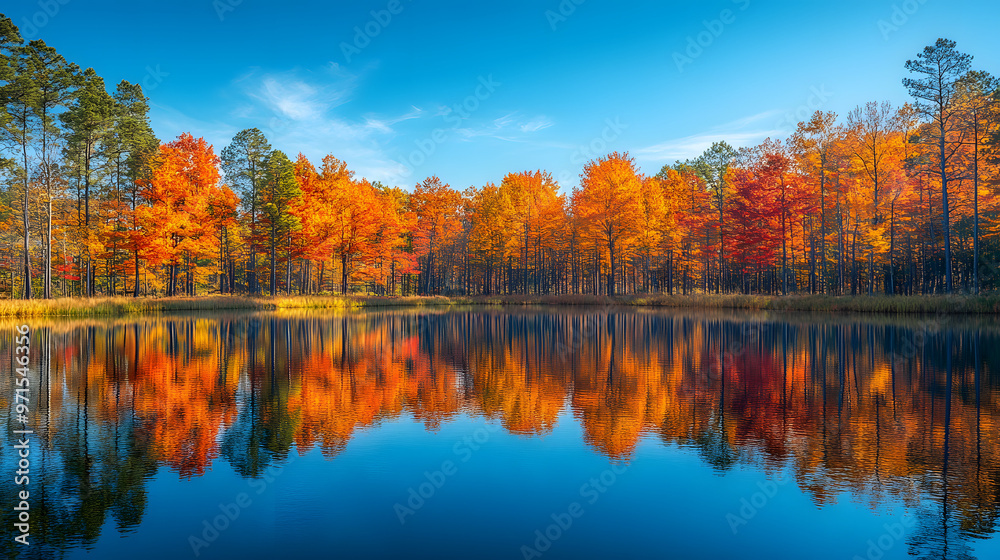 Obraz premium Vibrant autumn foliage reflected in a calm lake, creating a picturesque scene.