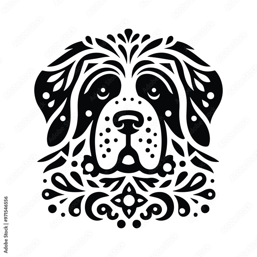 Fototapeta premium bernard dog in folk art black and white silhouette illustration