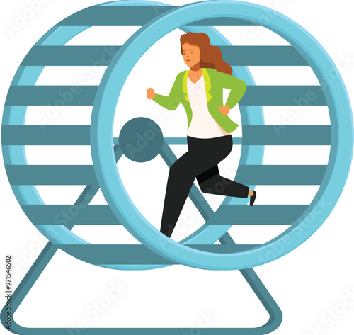 Businesswoman is running in a hamster wheel, illustrating the concept of repetitive and unproductive work