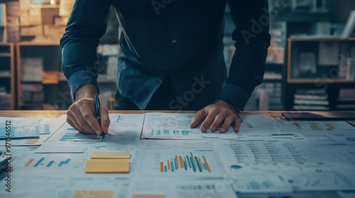 Close-up of a person's hands working on a desk with financial data, charts, and graphs.