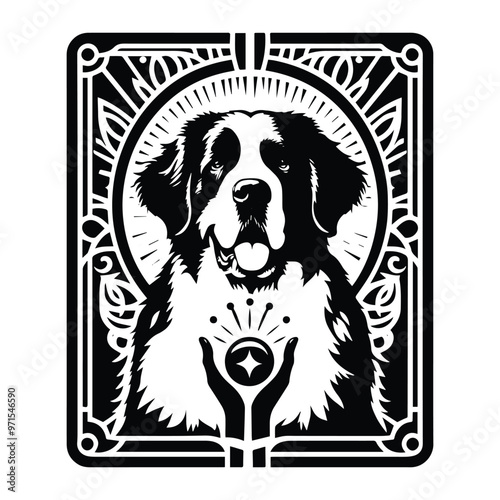 bernard dog in Tarot card black and white silhouette illustration