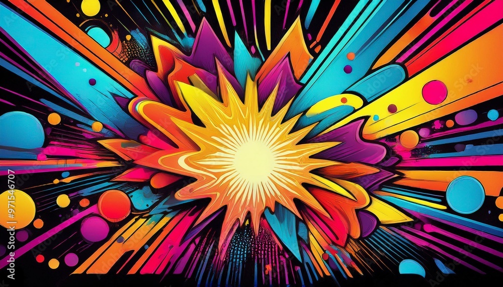 Explosive neon shapes collide in a vibrant pop-art style, with bold black outlines and colorful gradients