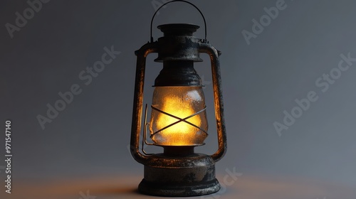 A rustic oil lamp is lit against a gray background.