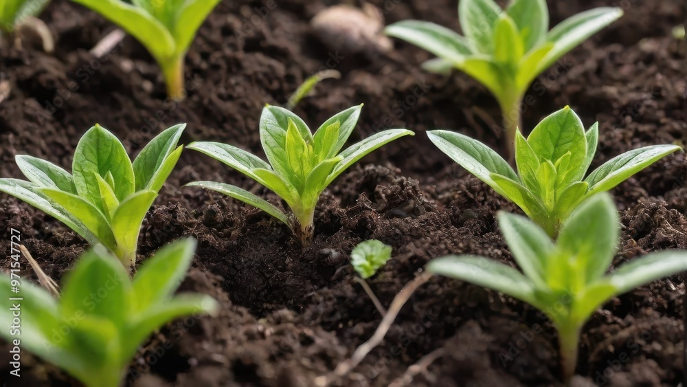 Close-up of young plants emerging from rich soil, symbolizing growth and renewal. Close-up of young plants emerging from rich soil, symbolizing growth and renewal.