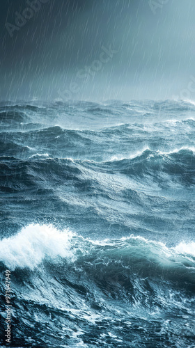 A stormy sea with massive waves and heavy rain creates dramatic scene