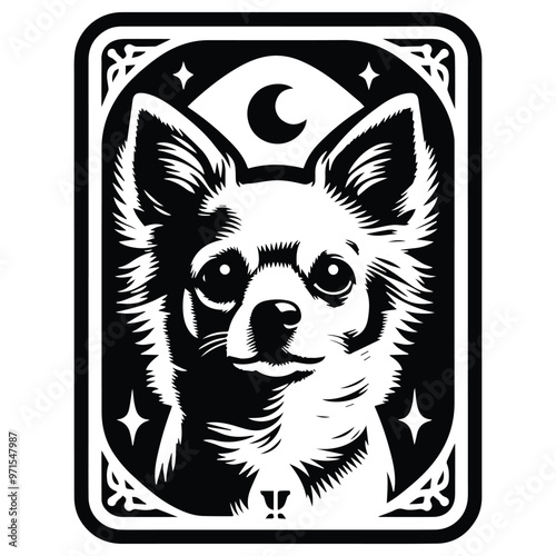 chihuahua dog in Tarot card black and white silhouette illustration