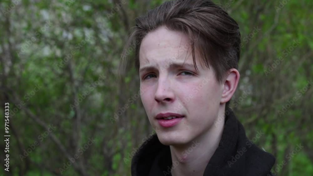 Cute teen boy close up in black clothes with a hood, turns his head in one direction and in the other. Cute teen boy close up in black clothes with a hood, turns his head in one direction and in the other.