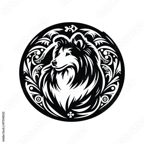 Wallpaper Mural collie dog in folk art black and white silhouette illustration Torontodigital.ca