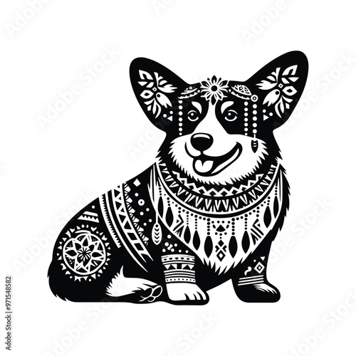 Corgi dog in bohemian black and white silhouette illustration