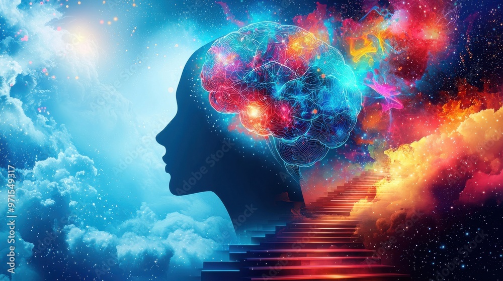 Ascension of Thought: A silhouette of a person with a head filled with neural pathways and lights, ascending a staircase made of abstract shapes and floating thoughts