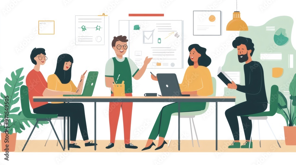 Diverse group of four young professionals brainstorming in a modern office with whiteboard and laptop. Diverse group of four young professionals brainstorming in a modern office with whiteboard and laptop.
