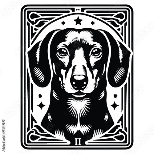 Dachshund dog in Tarot card black and white silhouette illustration