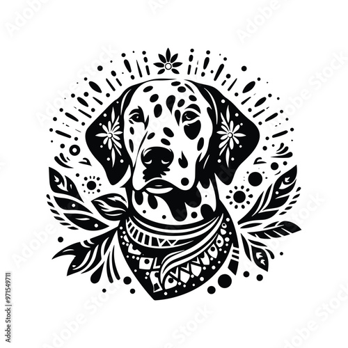 dalmatian dog in bohemian black and white silhouette illustration