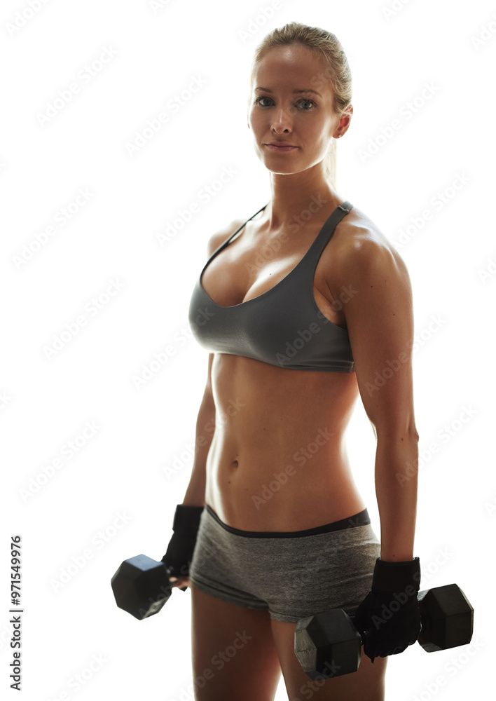 Dumbbells, confident and woman in studio for portrait, workout or exercise for fitness or body health. White background, abs and strong athlete lifting weights for balance, training or muscle growth