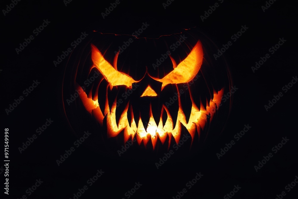 Halloween pumpkin face carved in the dark, glowing with eerie light and shadows The design includes sharp teeth and fangs, creating an ominous appearance against a black background Generative AI Halloween pumpkin face carved in the dark, glowing with eerie light and shadows The design includes sharp teeth and fangs, creating an ominous appearance against a black background Generative AI