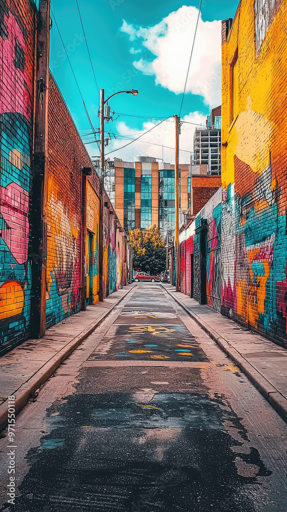 Fototapeta premium A vibrant city alleyway adorned with colorful street art and murals