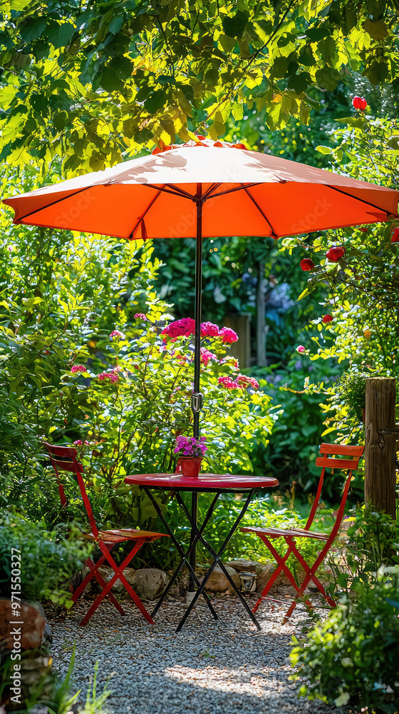 A vibrant umbrella providing shade to small cafe table creates cozy atmosphere