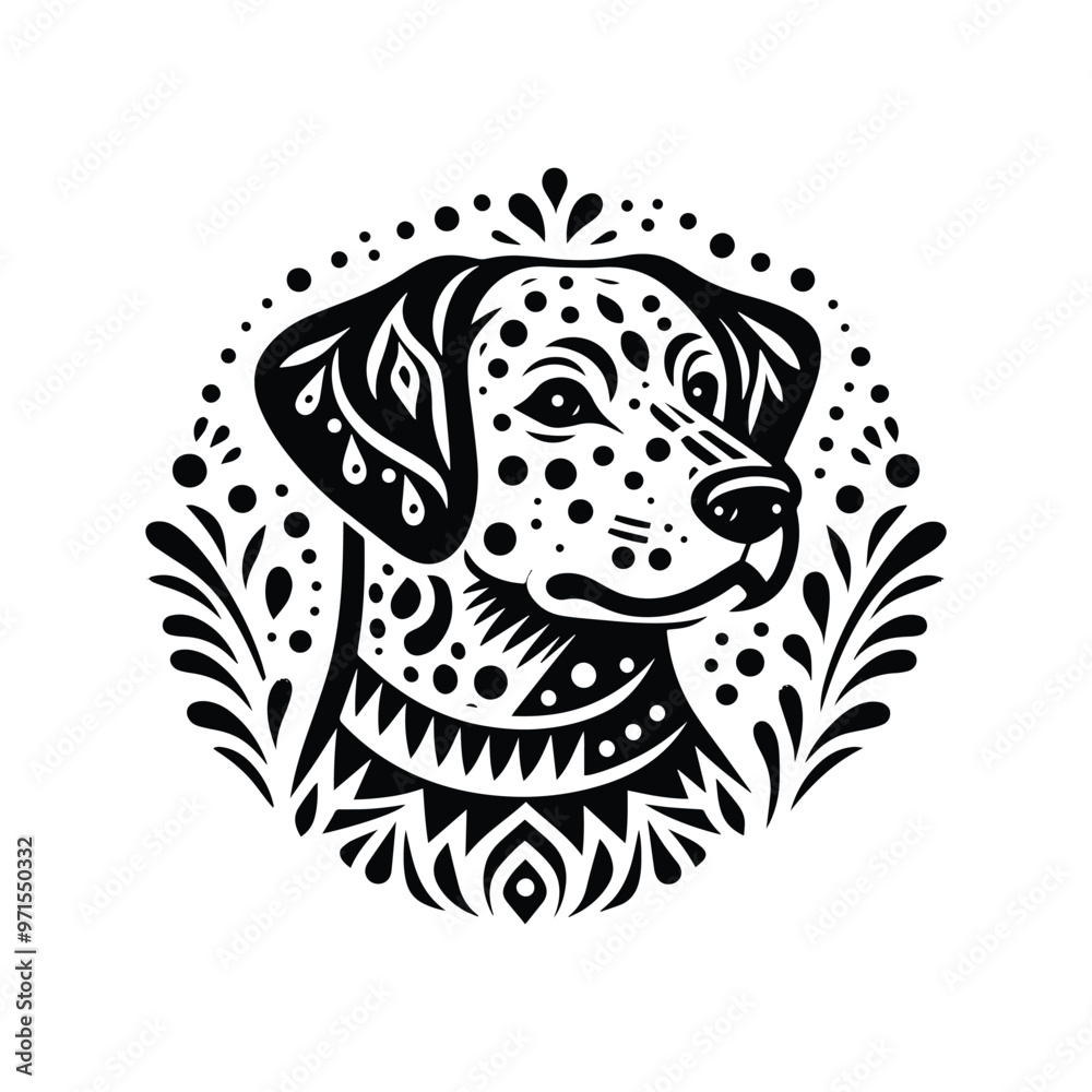 Fototapeta premium dalmatian dog in folk art black and white silhouette illustration