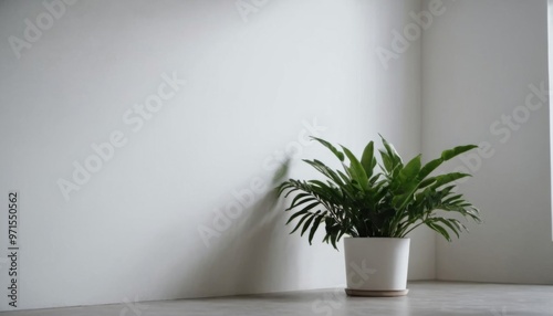 Plant on a white wall, light surface for mockup and text. ai