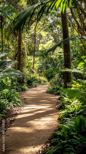 A serene pathway through lush greenery invites exploration and tranquility