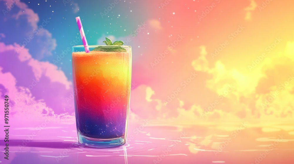 A Colorful Cocktail with a Mint Garnish on a Sunset Beach A Colorful Cocktail with a Mint Garnish on a Sunset Beach