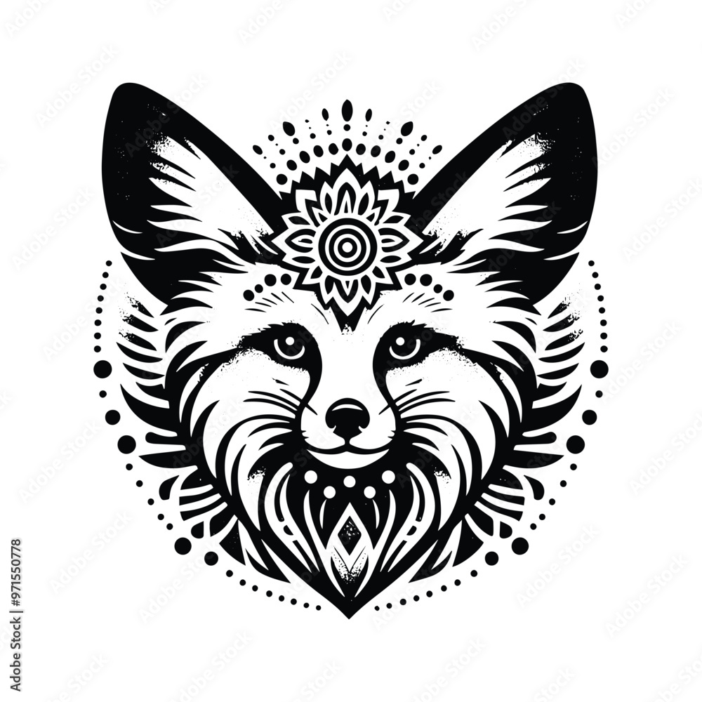 Fennec fox in bohemian black and white silhouette illustration