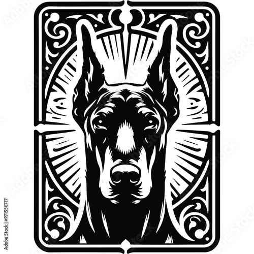 Doberman dog in Tarot card black and white silhouette illustration