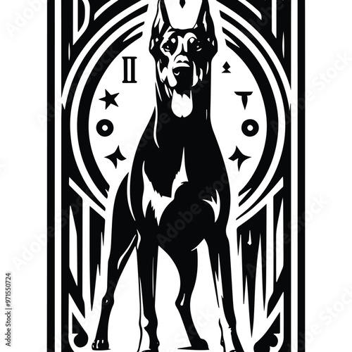 Doberman dog in Tarot card black and white silhouette illustration