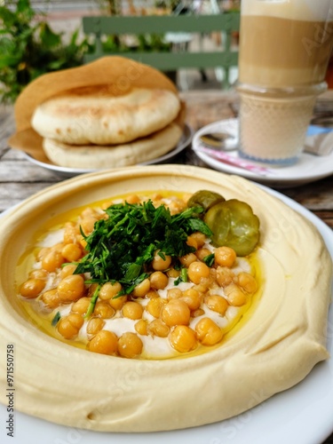 close-up of a plate of hummus garnished with whole chickpeas, parsley, and pickles, served with pita bread and a latte on a wooden table. Outdoor setting with blurred background.
